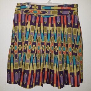 Work To Weekend Pleated Skirt Size 14 Knee Length Lined Purple Aqua Salmon Print
